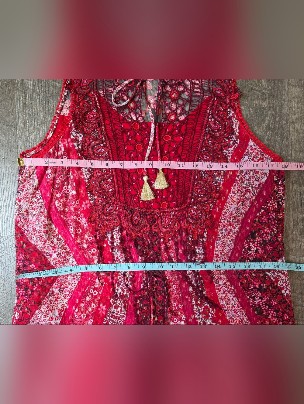 Elie Tahari Redwood McKenna Silk  Midi Dress Womens 8 Red Floral Boho Tassels - Picture 13 of 15